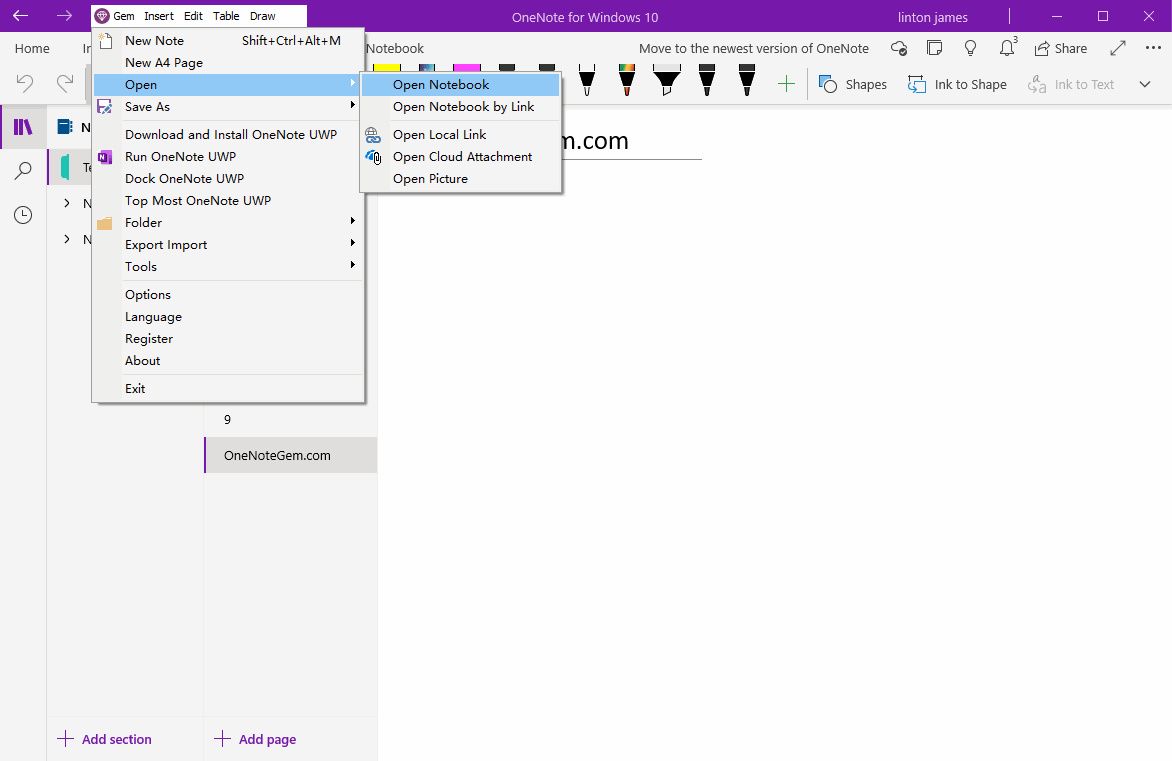 “Open Notebook” Menu Item of Gem Menu