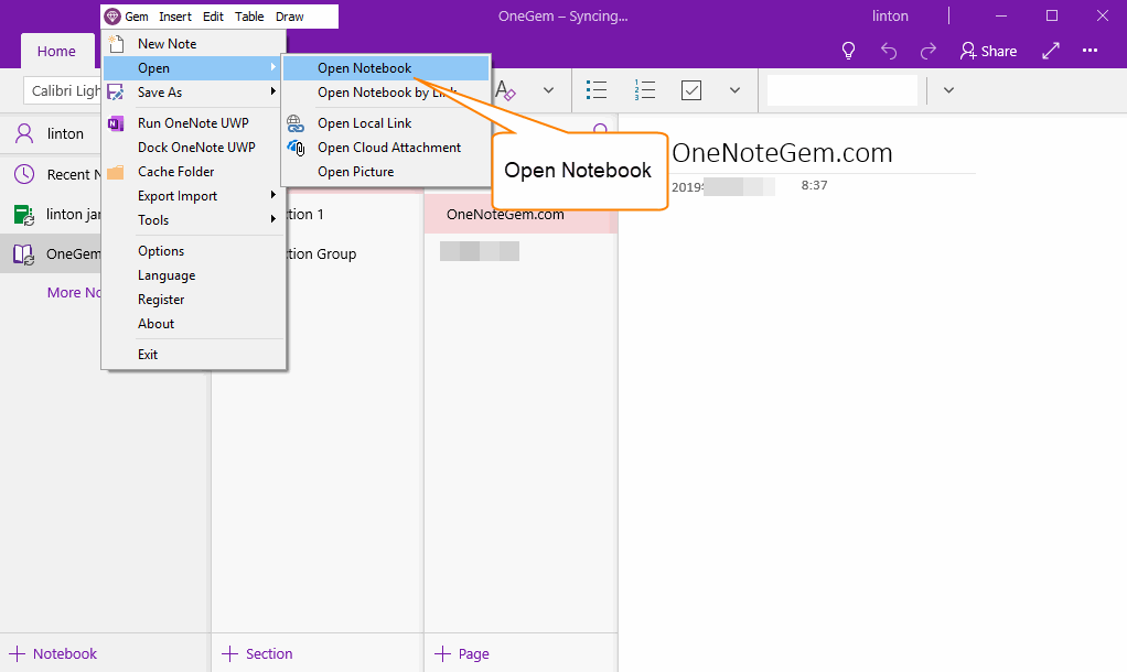 Using Gem Menu for OneNote UWP to Open a Shared Notebook