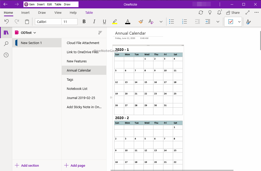 UWP Insert a Annual Calendar for a Specified Year in OneNote for