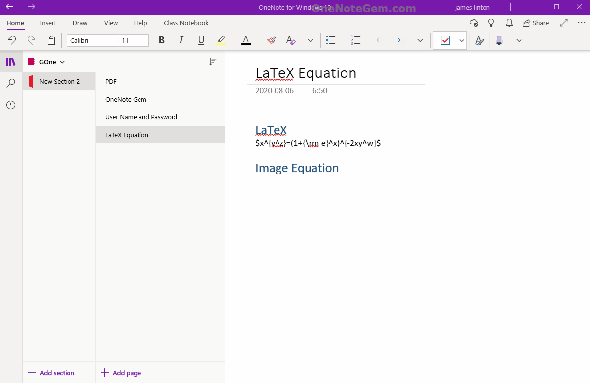 Copy the LaTeX expression from the Web page, generate an image equation, and put it in OneNote.