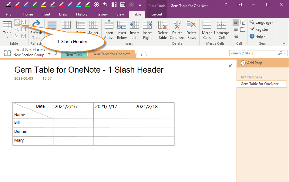 Create a Gem Table with 1 Slash Header