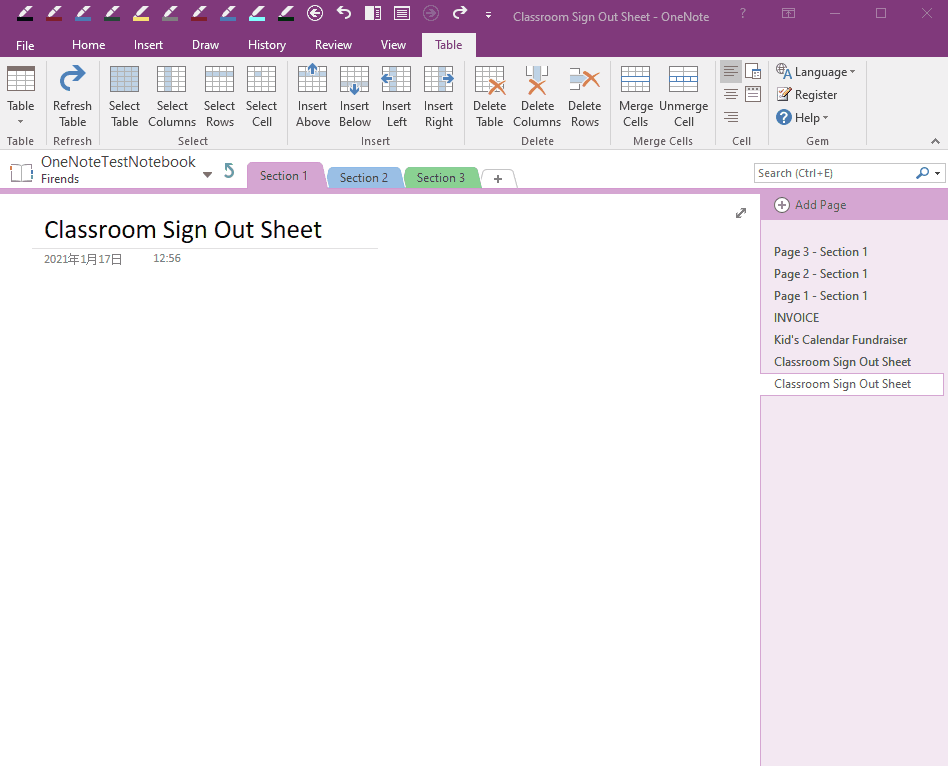 In OneNote, use the merged cells provided by the Gem Table to create the table
