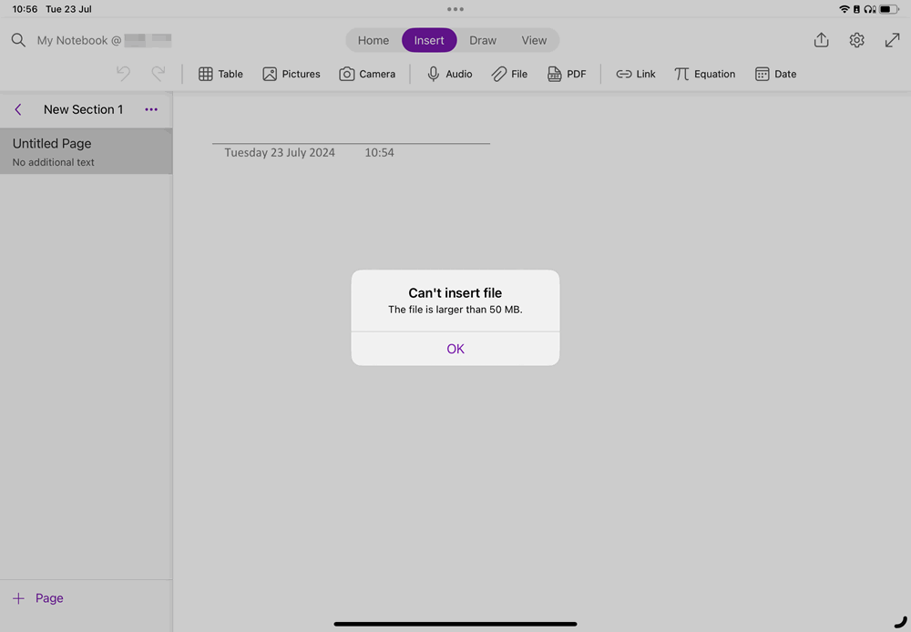 iPad OneNote Can’t Insert File, The File is Larger than 50 MB