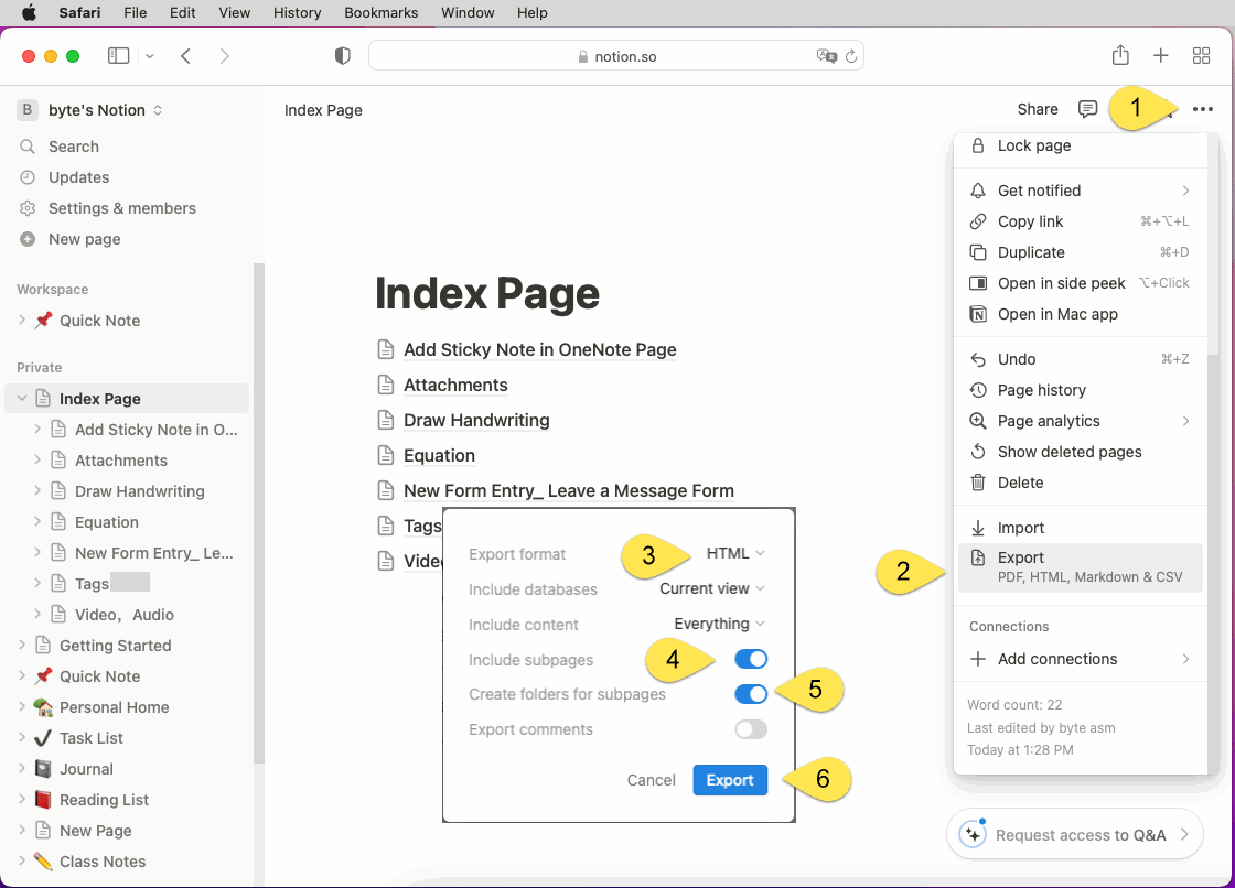 Bulk Export the Main Page and its subpages from Notion as HTML files