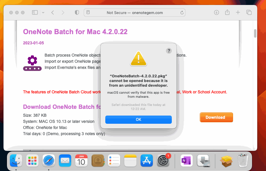 Install OneNote Batch from Website will Pop up a Warning Window