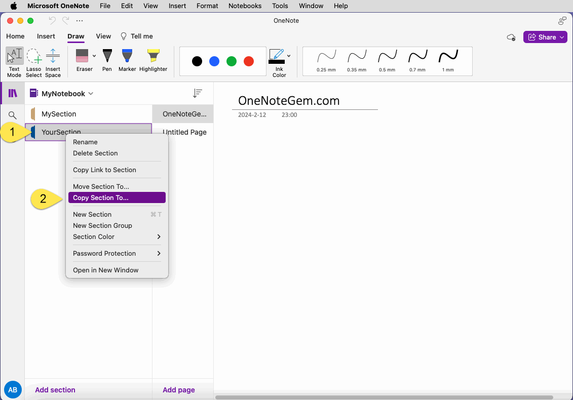 "Copy Section To …” menu item.