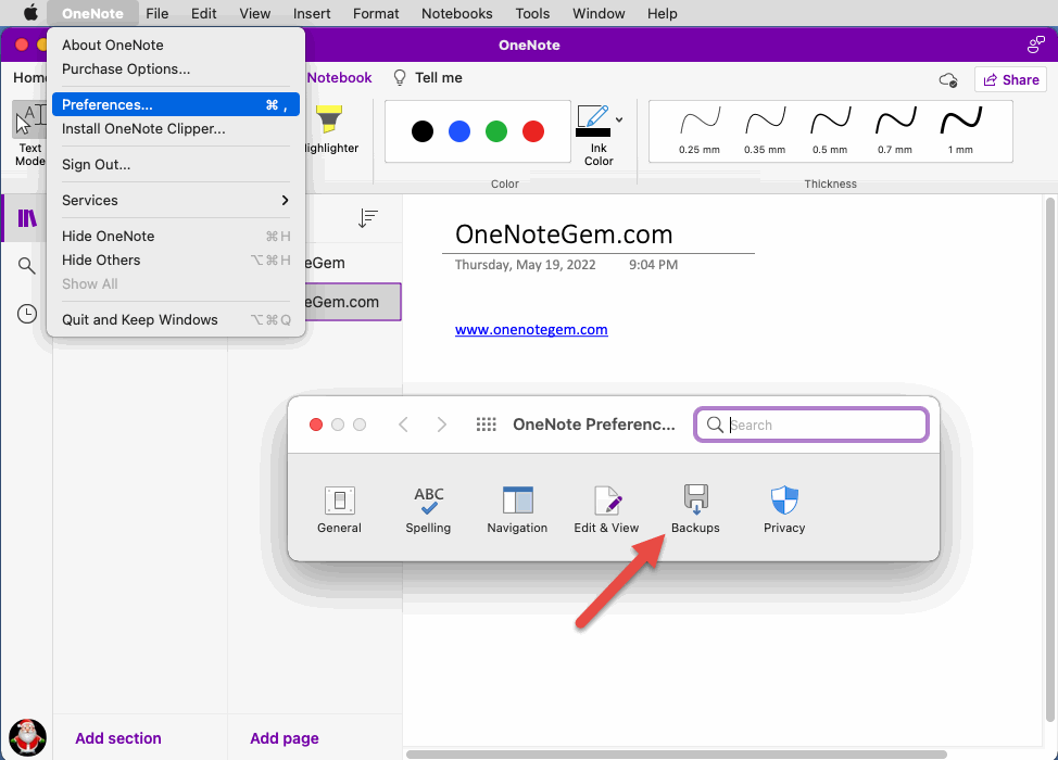 Find the Backup Function in the Mac OneNote Main Menu