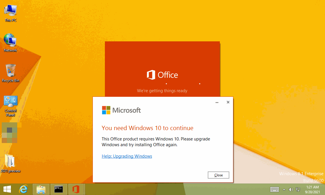 This Office product requires Windows 10. Please upgrade Windows and try installing Office again.