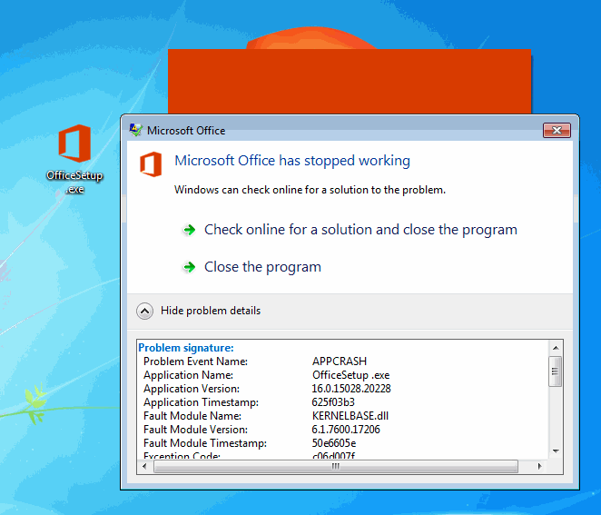 Microsoft Office has stopped working.