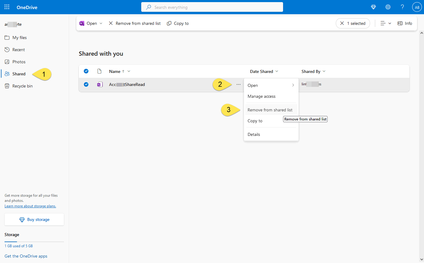 Remove myself from a shared OneNote notebook in OneDrive.com.