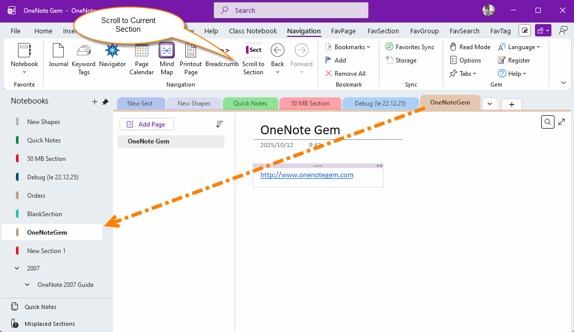 The "Scroll to Section" feature of OneNote Gem - Favorites