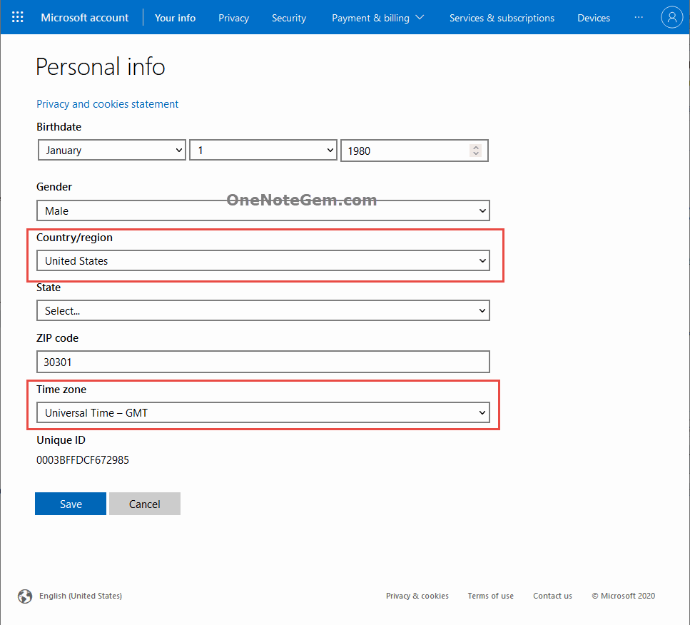 Displays the date format of different countries by modifying the country/region of personal info on the web page.
