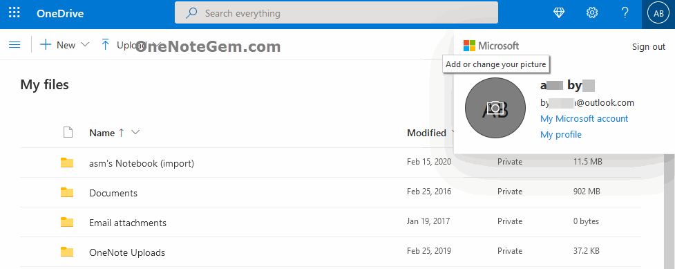 logging in to the OneDrive.com and setting up the account avatar inside.