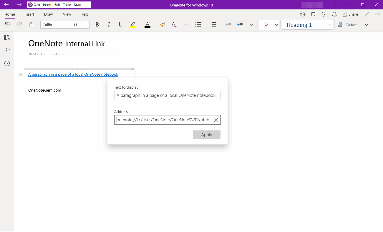 View the internal link in OneNote for Windows 10
