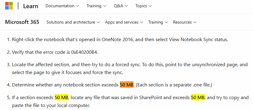 OneNote Section Size Larger than 50 MB can Cause 0xE40200B4 Sync Error