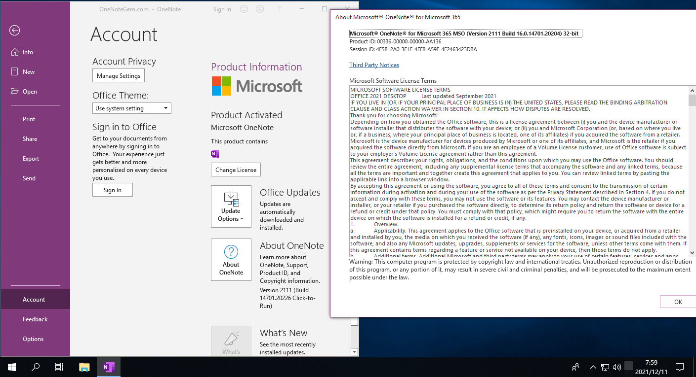 Installed in Windows 10, Windows 11 is OneNote 2021
