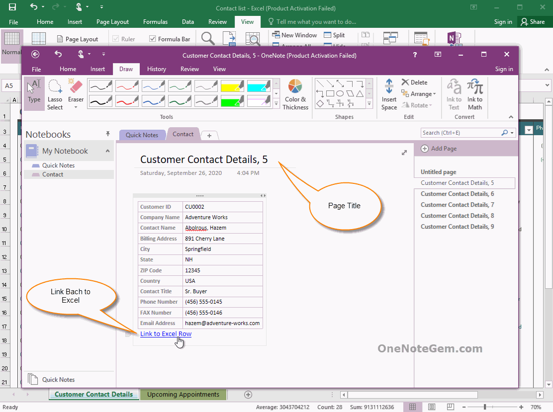 Build Multiple Corresponding OneNote Pages to Take Notes for Individual Excel Rows