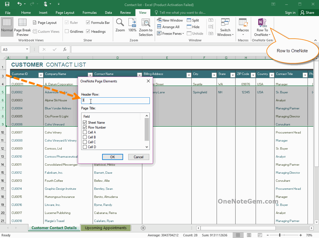 Send Selected Excel Rows To Onenote Generating Multiple Corresponding Pages To Take Notes Office Onenote Gem Add Ins