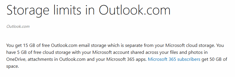 Storage limits in Outlook.com