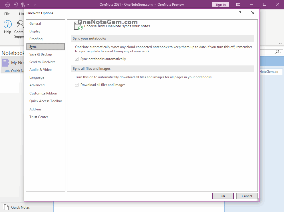 OneNote Sync tab