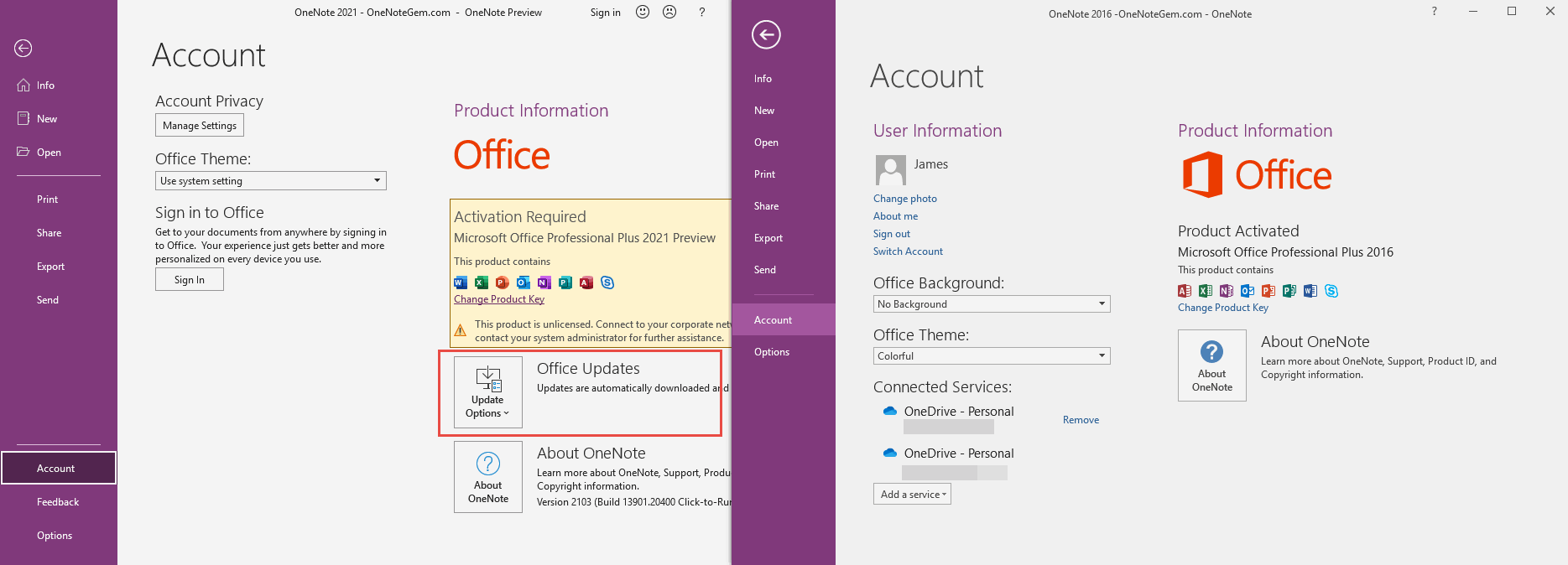 OneNote 2021 Update Options button