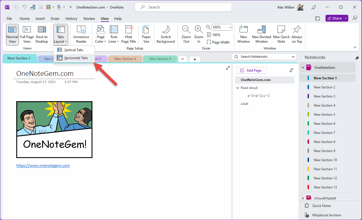 The new version of OneNote 2021 for Windows desktop adds vertical tabs.