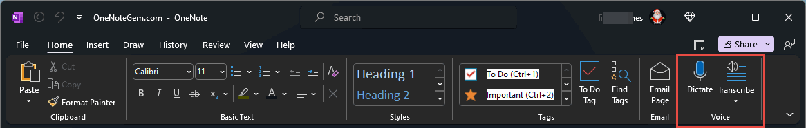 Why Can't Find Dictate and Transcribe in my OneNote Home Tab?