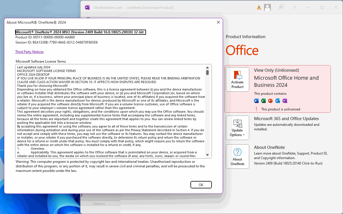 about window of OneNote 2024 retail version