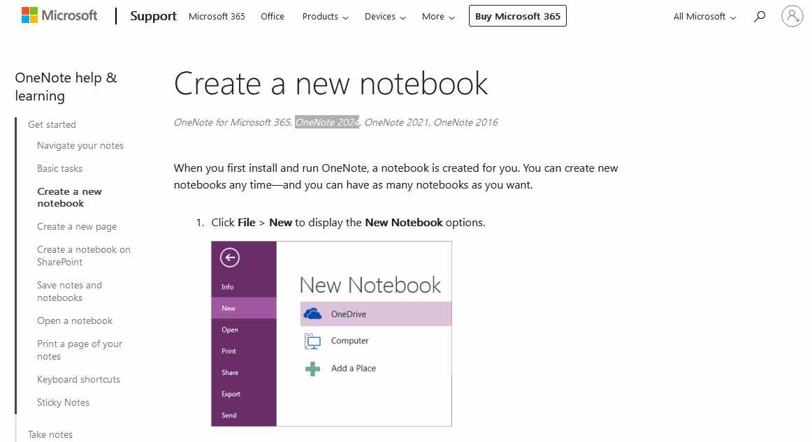 OneNote help & learning Webpage