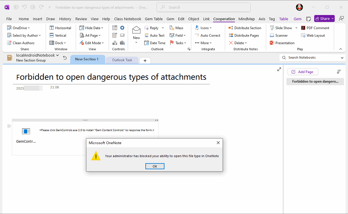 Your administrator has blocked your ability to open this type in OneNote