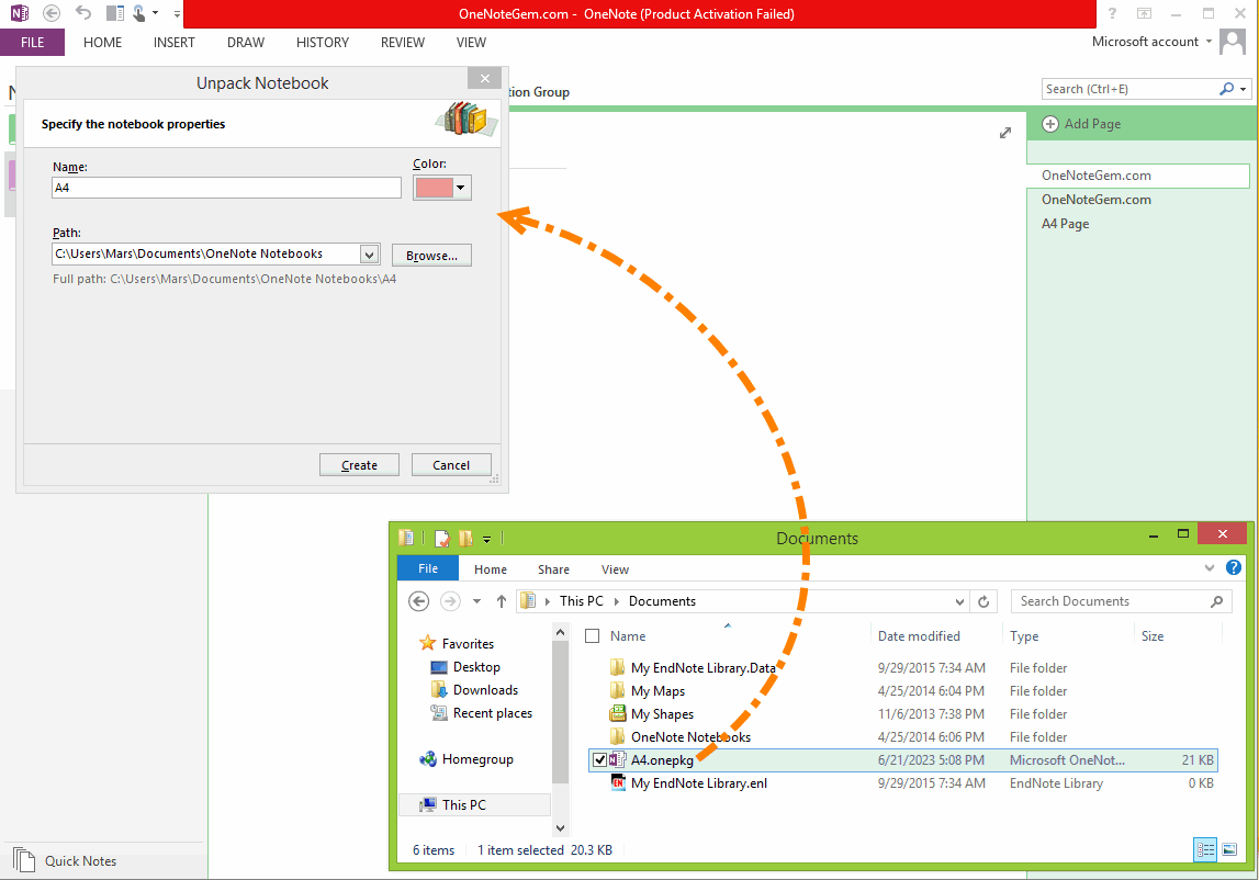 Double-click to Open the .onepkg and Extract to Created Local Notebook