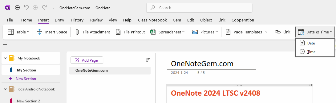 OneNote simplified ribbon doesn’t display “Date & Time” button.
