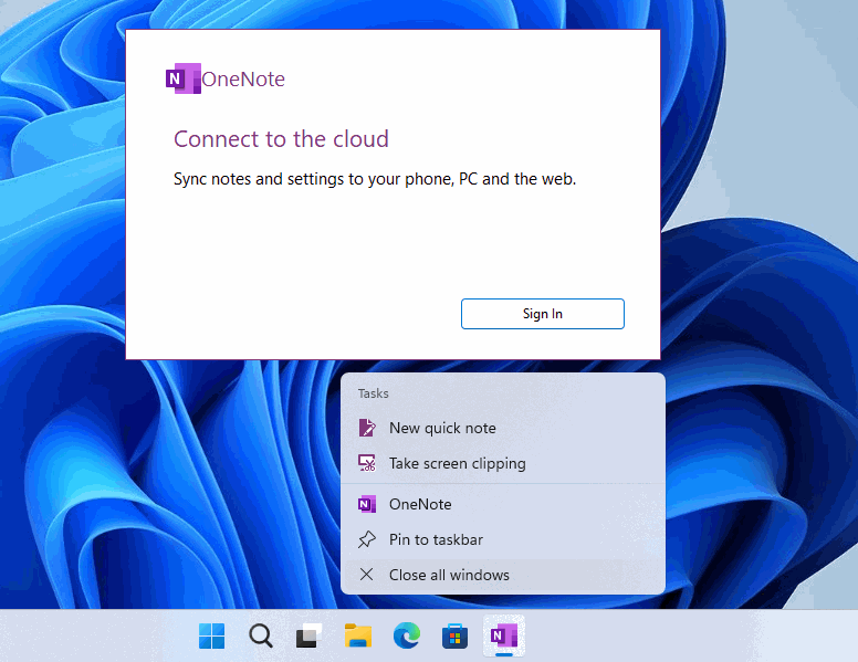 If you don't want to log in to your account to use OneNote, you can close the OneNote sign in window from the Windows taskbar.