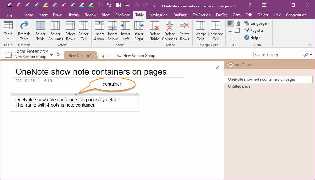 OneNote show the note containers on the pages by default.