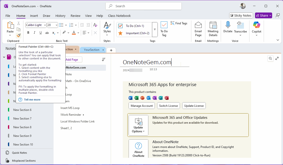 OneNote v2508 Format Painter Keyboard Shortcut