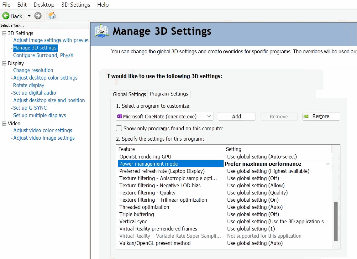 Nvidia Prefer Maximum Performance for OneNote