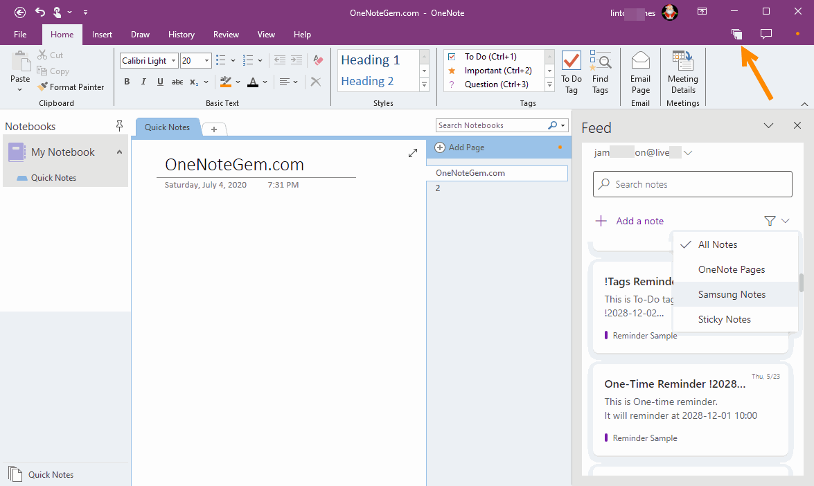 OneNote Add Feed Feature