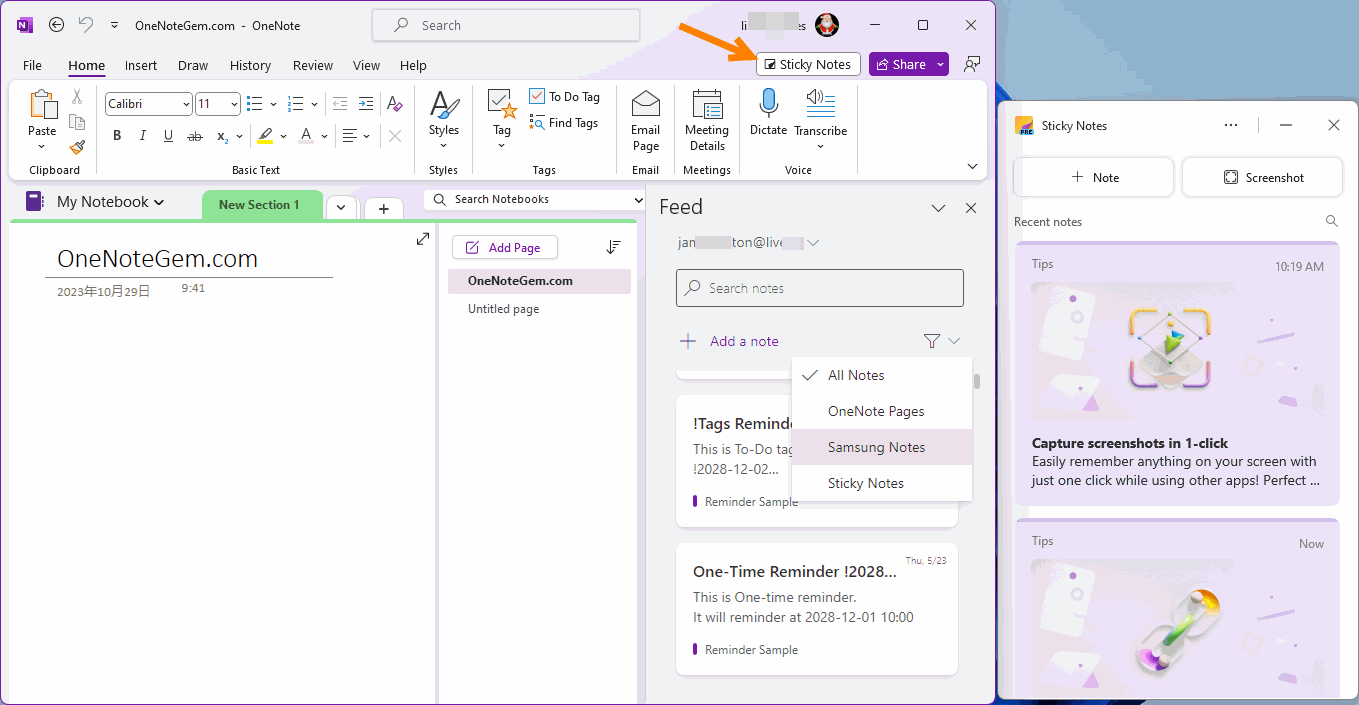 OneNote 2021 removes the Feed feature, and replace with Sticky Notes