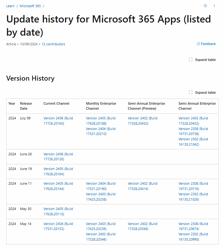 Office 365 update history