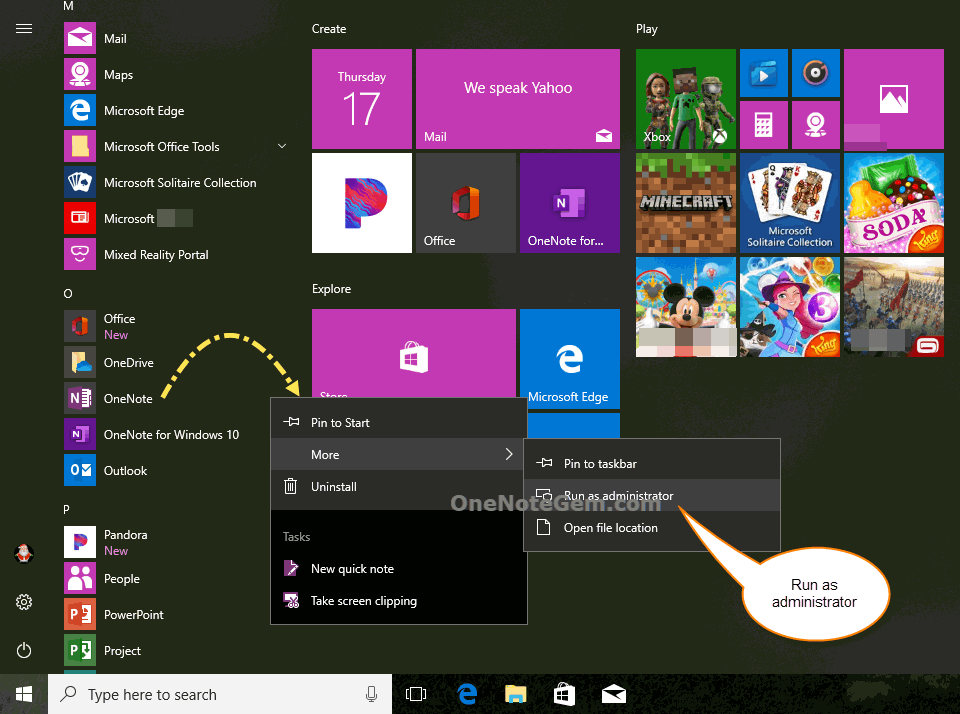 In the Windows Start menu, run OneNote 2016 as an administrator