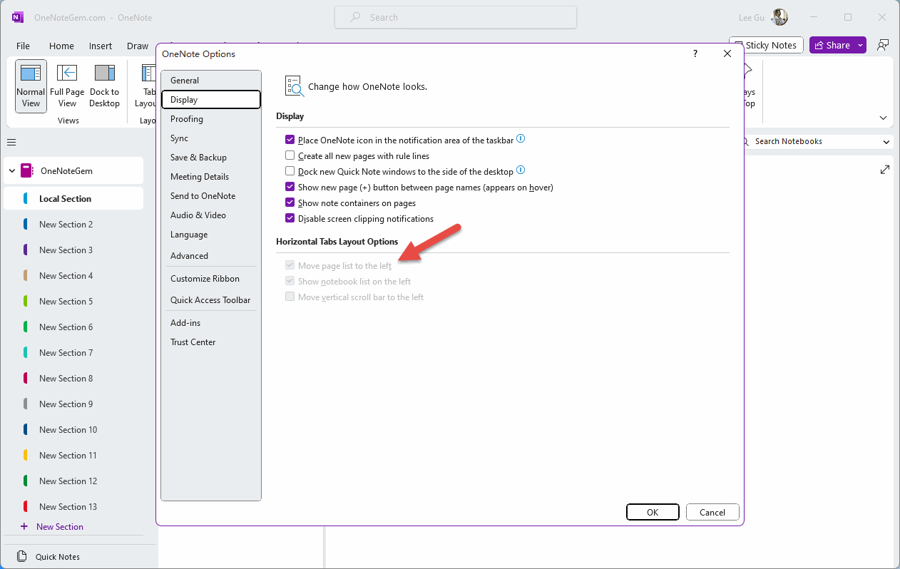 OneNote greys the option to Move page list to the right.