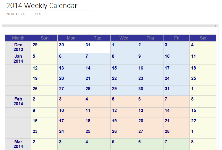 2014 Weekly Calendar Template