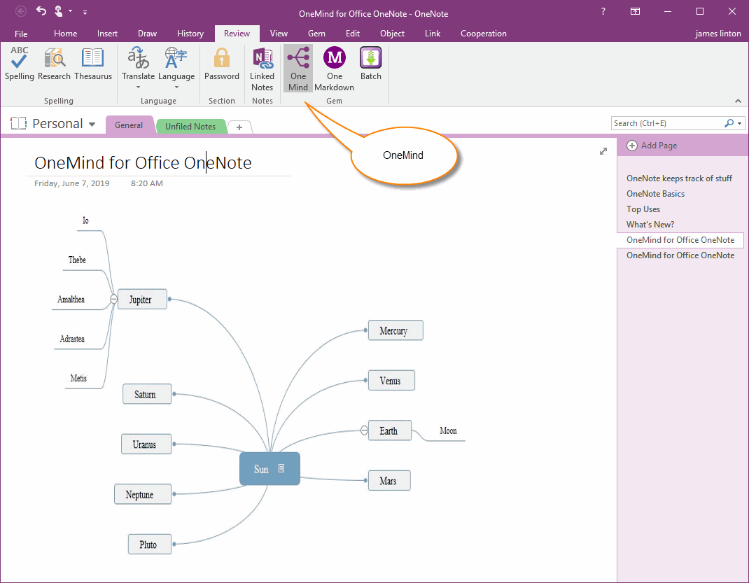 Display the OneMind Feature in the Review Tab of OneNote
