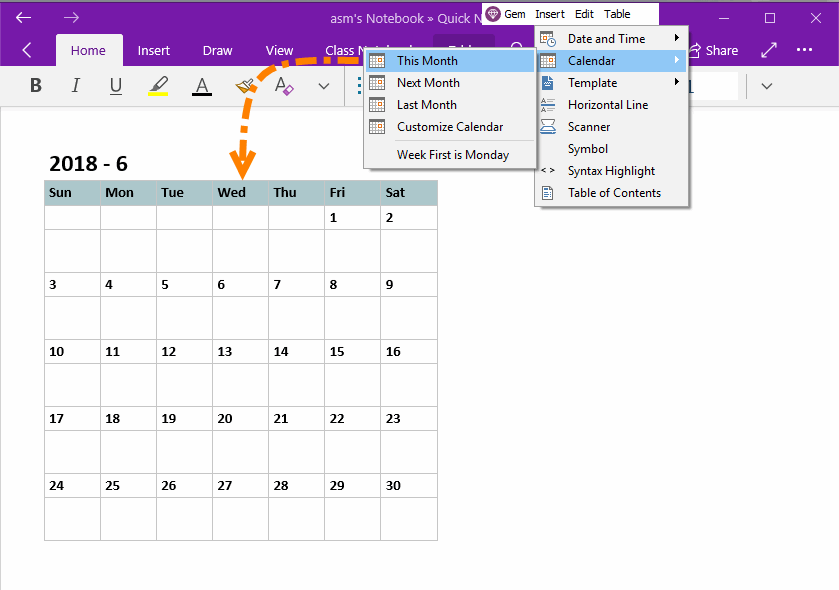 UWP Insert This Month Calendar into OneNote Office OneNote Gem AddIns
