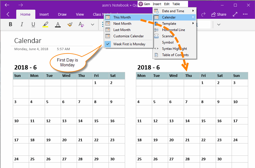 UWP Insert This Month Calendar into OneNote Office OneNote Gem AddIns