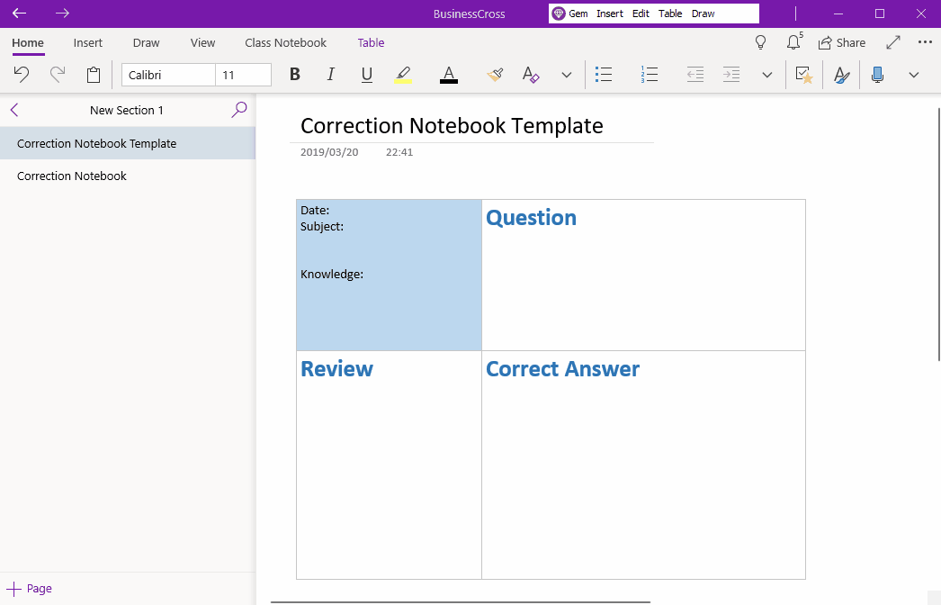 Create a OneNote correction books template with a date field using the field feature provided by the Gem Menu for OneNote UWP. 