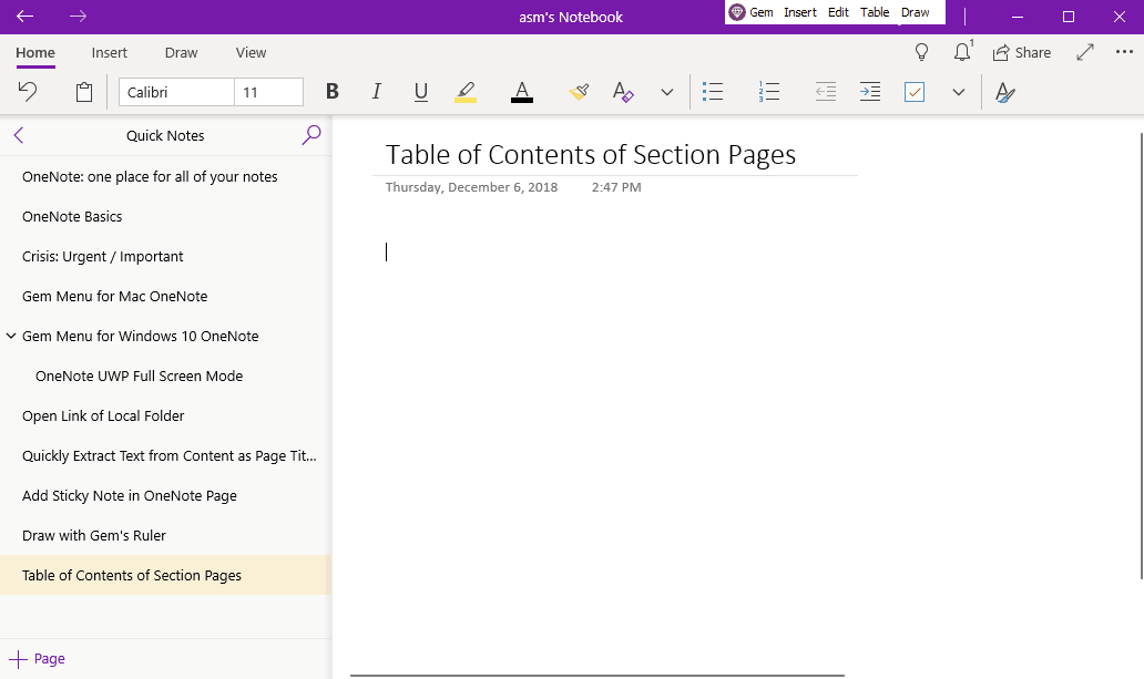 Use the Gem Menu to create Table of Contents of Pages for the section of OneNote for Windows 10.