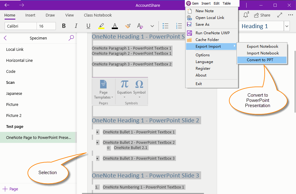 Select Content in the OneNote UWP and Convert to PPT Using Gem Menu 