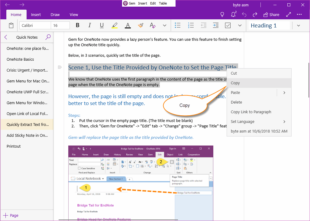 Using “Copy” Native Feature of OneNote for Windows 10