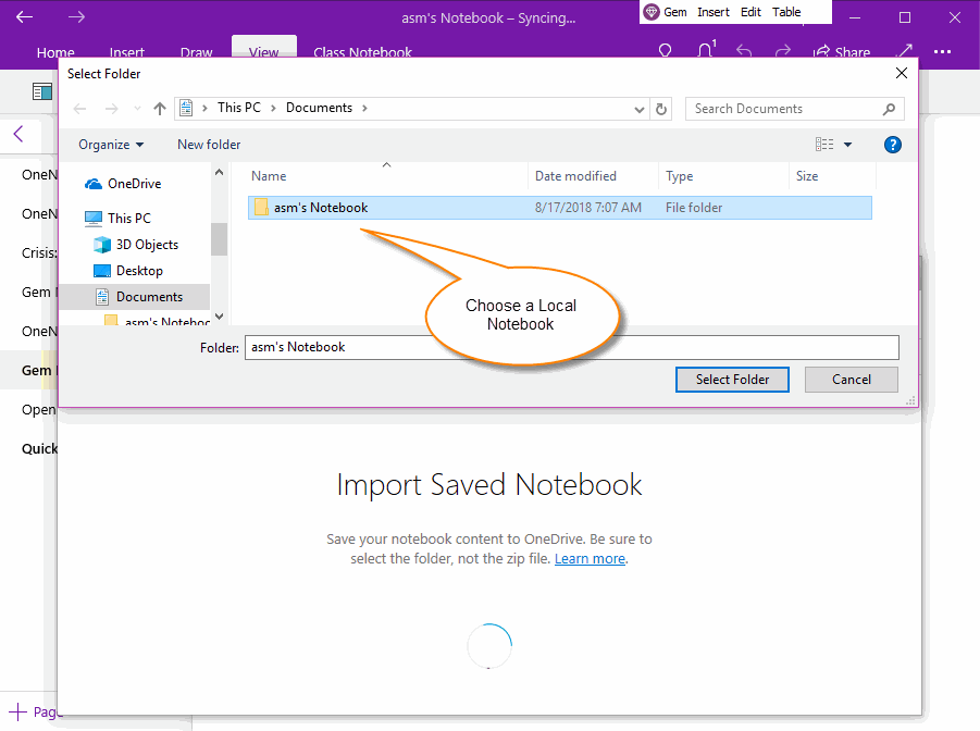 Choose a Folder of OneNote Local Notebook to Import